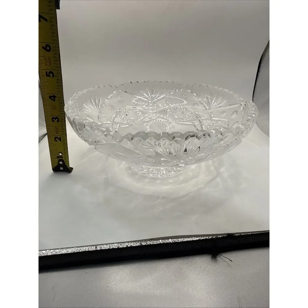 Vintage Heavy Cut Crystal Bowl 9” Starburst Geometric Pattern Centerpiece *